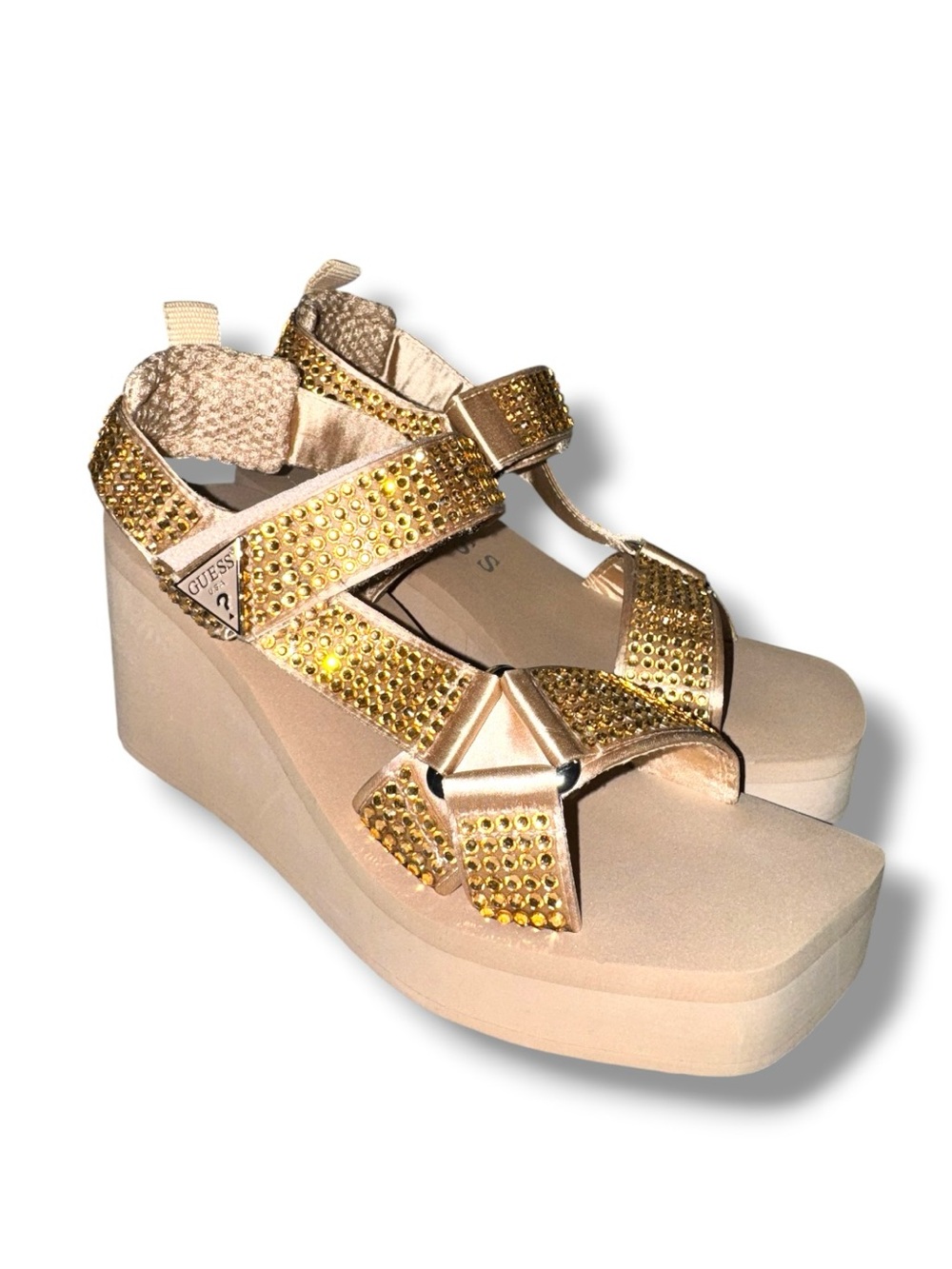 GUESS Gold Rhinestone Platform Wedge Sandals